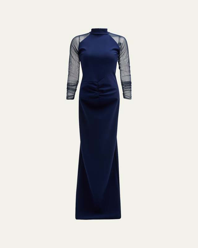 Ruched Illusion-Sleeve Column Gown